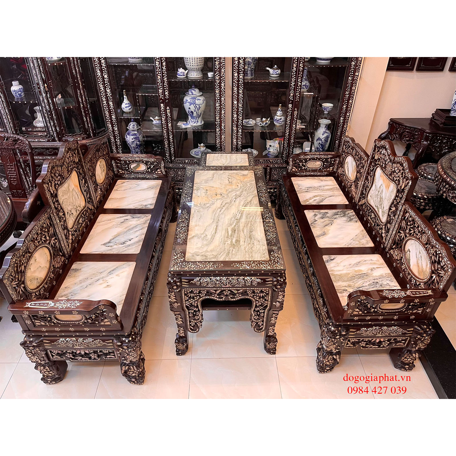 Trường kỷ tam sơn cẩn ốc xà cừ mặt đá vân mây tuyệt đẹp