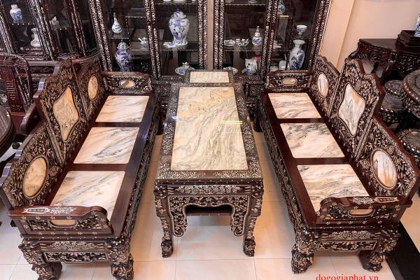 Trường kỷ tam sơn cẩn ốc xà cừ mặt đá vân mây tuyệt đẹp